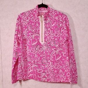 NWOT Lilly Pulitzer Ashley PopOver Half Zip Passion Pink Floral, Cotton Top SzM
